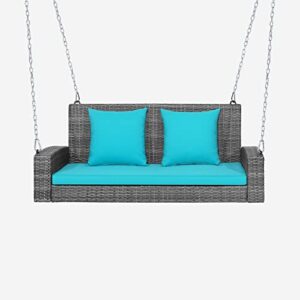 relax4life 2-person porch swing bench - pe rattan outdoor swing chair with comfortable seat & back cushions, rustproof metal chains, patio loveseat swing for balcony, garden, yard, 800 lbs (turquoise)