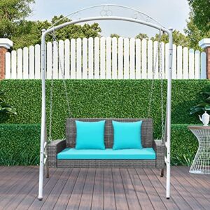 RELAX4LIFE 2-Person Porch Swing Bench - PE Rattan Outdoor Swing Chair with Comfortable Seat & Back Cushions, Rustproof Metal Chains, Patio Loveseat Swing for Balcony, Garden, Yard, 800 LBS (Turquoise)