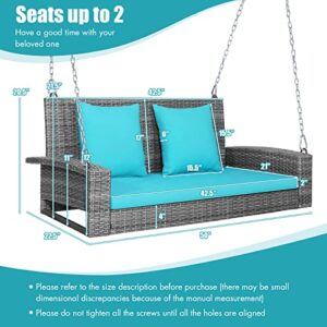 RELAX4LIFE 2-Person Porch Swing Bench - PE Rattan Outdoor Swing Chair with Comfortable Seat & Back Cushions, Rustproof Metal Chains, Patio Loveseat Swing for Balcony, Garden, Yard, 800 LBS (Turquoise)