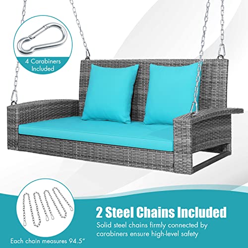 RELAX4LIFE 2-Person Porch Swing Bench - PE Rattan Outdoor Swing Chair with Comfortable Seat & Back Cushions, Rustproof Metal Chains, Patio Loveseat Swing for Balcony, Garden, Yard, 800 LBS (Turquoise)