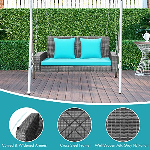 RELAX4LIFE 2-Person Porch Swing Bench - PE Rattan Outdoor Swing Chair with Comfortable Seat & Back Cushions, Rustproof Metal Chains, Patio Loveseat Swing for Balcony, Garden, Yard, 800 LBS (Turquoise)