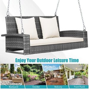 RELAX4LIFE 2-Person Porch Swing Bench - PE Rattan Outdoor Swing Chair with Comfortable Seat & Back Cushions, Rustproof Metal Chains, Patio Loveseat Swing for Balcony, Garden, Yard, 800 LBS (Off White)