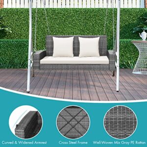 RELAX4LIFE 2-Person Porch Swing Bench - PE Rattan Outdoor Swing Chair with Comfortable Seat & Back Cushions, Rustproof Metal Chains, Patio Loveseat Swing for Balcony, Garden, Yard, 800 LBS (Off White)