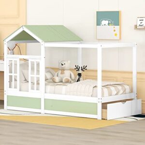 merax kid wood house bed with roof, window and drawer, wood platform bed for boys girls,no box spring needed,easy assemble (twin,green)