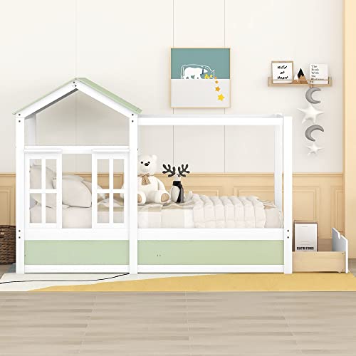 Merax Kid Wood House Bed with Roof, Window and Drawer, Wood Platform Bed for Boys Girls,No Box Spring Needed,Easy Assemble (Twin,Green)