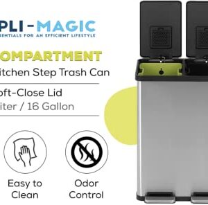 SIMPLI-MAGIC 60 Liter / 16 Gallon Rectangular Hands-Free Dual Compartment Recycling Kitchen Step Trash Can with Soft-Close Lid, Brushed Stainless Steel