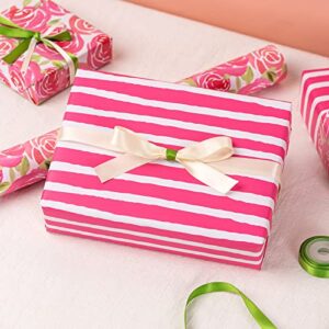 RUSPEPA Reversible Wrapping Paper Roll - Watercolor Style Pink Rose and Stripe Pattern Great for Mother's Day, Birthday, Party, Wedding and More - 17 Inches X 32.8 Feet