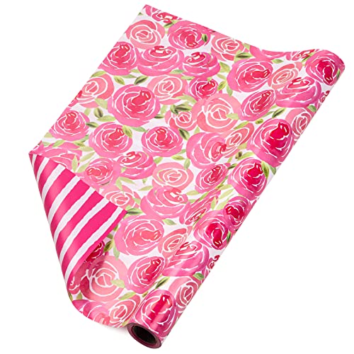 RUSPEPA Reversible Wrapping Paper Roll - Watercolor Style Pink Rose and Stripe Pattern Great for Mother's Day, Birthday, Party, Wedding and More - 17 Inches X 32.8 Feet