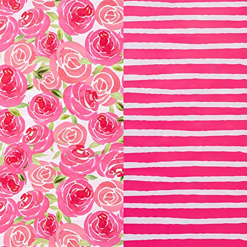 RUSPEPA Reversible Wrapping Paper Roll - Watercolor Style Pink Rose and Stripe Pattern Great for Mother's Day, Birthday, Party, Wedding and More - 17 Inches X 32.8 Feet