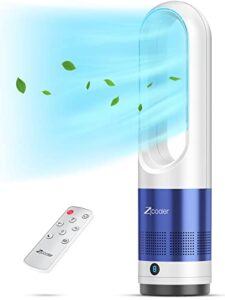 zicooler tower fans for home, 22 inch 80°oscillating bladeless fan with remote, led display, 9h timer, blue floor standing quiet fan with 8 speeds powerful for indoor home bedroom office room