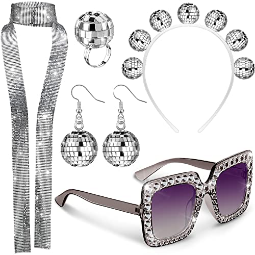 5 Pcs 1970s Disco Accessories Women Costume Disco Set Disco Ball Earrings Headband Ring and Sunglasses and Other Accessories (Fresh Style)