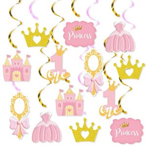 k kumeed princess party decorations,pink gold princess hanging swirls,1st birthday princess decorations for girls,cute bow crown foil ceiling decorations for first princess party supplies