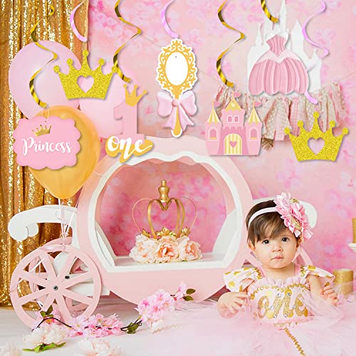 K KUMEED Princess Party Decorations,Pink Gold Princess Hanging Swirls,1st Birthday Princess Decorations for Girls,Cute Bow Crown Foil Ceiling Decorations for First Princess Party Supplies