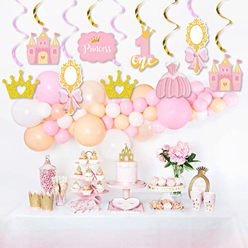 K KUMEED Princess Party Decorations,Pink Gold Princess Hanging Swirls,1st Birthday Princess Decorations for Girls,Cute Bow Crown Foil Ceiling Decorations for First Princess Party Supplies