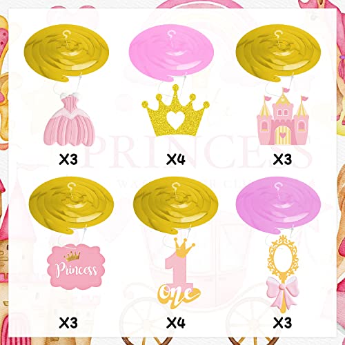 K KUMEED Princess Party Decorations,Pink Gold Princess Hanging Swirls,1st Birthday Princess Decorations for Girls,Cute Bow Crown Foil Ceiling Decorations for First Princess Party Supplies