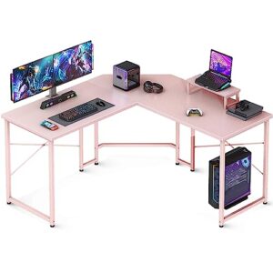odk l shaped gaming desk, 51 inch computer desk with monitor stand, pc gaming desk, corner desk table for home office sturdy writing workstation, carbon fiber surface, pink…