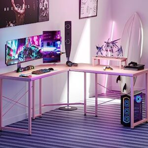 ODK L Shaped Gaming Desk, 51 Inch Computer Desk with Monitor Stand, PC Gaming Desk, Corner Desk Table for Home Office Sturdy Writing Workstation, Carbon Fiber Surface, Pink…