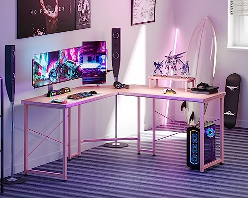 ODK L Shaped Gaming Desk, 51 Inch Computer Desk with Monitor Stand, PC Gaming Desk, Corner Desk Table for Home Office Sturdy Writing Workstation, Carbon Fiber Surface, Pink…