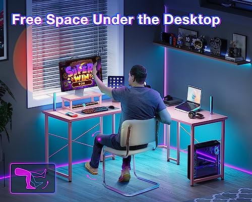 ODK L Shaped Gaming Desk, 51 Inch Computer Desk with Monitor Stand, PC Gaming Desk, Corner Desk Table for Home Office Sturdy Writing Workstation, Carbon Fiber Surface, Pink…