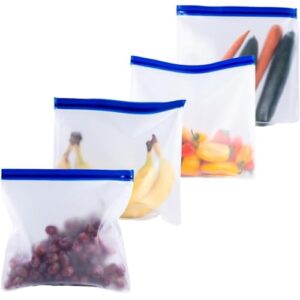 reusable food storage bags, 4 pack bpa free food grade reusable stand up bags, 2 reusable gallon bags, 2 reusable freezer bags, leakproof reusable bags silicone