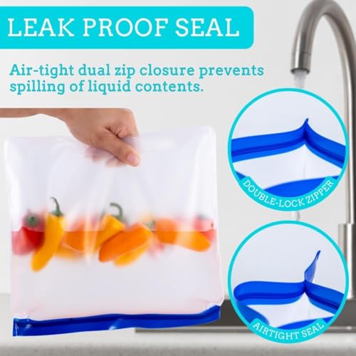 Reusable Food Storage Bags, 4 Pack BPA Free Food Grade Reusable Stand Up Bags, 2 Reusable Gallon Bags, 2 Reusable Freezer Bags, Leakproof Reusable Bags Silicone