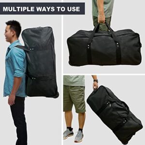 32 inch X-Large Foldable Duffle Bag with Wheels 600D Oxford Collapsible Large Heavy Duty Cargo Duffel Storage Duffel with Rollers for Camping Travel Gear, Black.