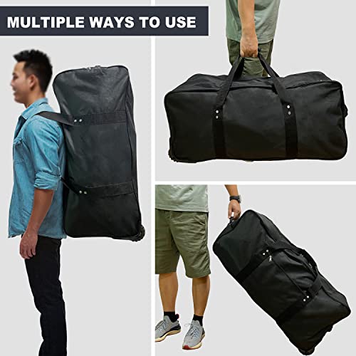 32 inch X-Large Foldable Duffle Bag with Wheels 600D Oxford Collapsible Large Heavy Duty Cargo Duffel Storage Duffel with Rollers for Camping Travel Gear, Black.