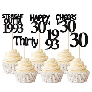 rsstarxi 24 pack straight outta 1993 cupcake toppers 30th birthday cupcake picks thirty cheers to 30 years old cupcake topper for 30th birthday wedding party cake decorations supplies black
