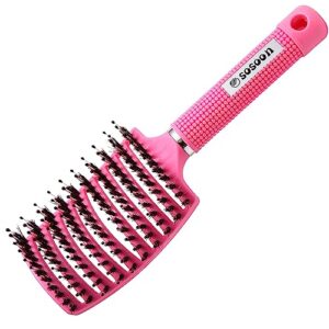 hair brush, sosoon upgraded boar bristle detangling brush for fast blow drying, curved vented styling hairbrushes with ultra-soft bristles for all hair types for men women kids wet & dry hair, pink