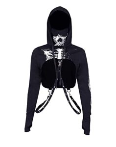 womens gothic punk long sleeve hooded crop tops halloween rave skeleton mask hoodie sweatshirt