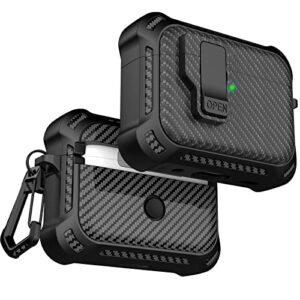 r-fun for airpods pro 2nd /1st generation carbon fiber case cover with lock,automatic snap switch and full-body drop protection case for airpods pro 2 -black