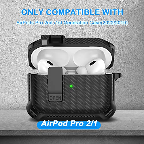 R-fun for AirPods Pro 2nd /1st Generation Carbon Fiber Case Cover with Lock,Automatic Snap Switch and Full-Body Drop Protection Case for AirPods Pro 2 -Black