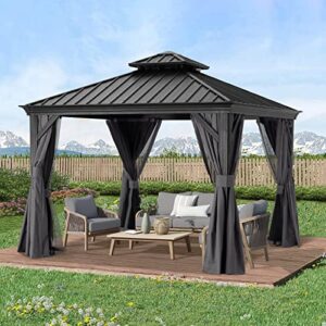abccanopy 10x10 hardtop gazebo - outdoor permanent gazebo with galvanized steel double roof, aluminum pavilion with netting and curtain for patio, lawn, garden (double roof, gray)