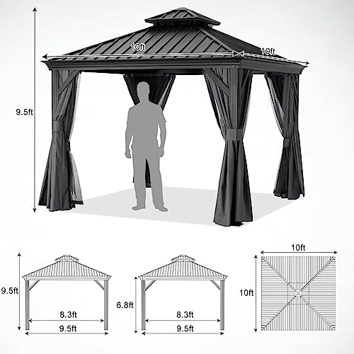 ABCCANOPY 10x10 Hardtop Gazebo - Outdoor Permanent Gazebo with Galvanized Steel Double Roof, Aluminum Pavilion with Netting and Curtain for Patio, Lawn, Garden (Double Roof, Gray)