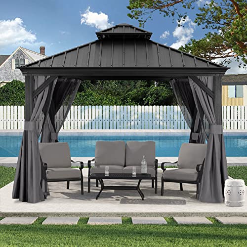 ABCCANOPY 10x10 Hardtop Gazebo - Outdoor Permanent Gazebo with Galvanized Steel Double Roof, Aluminum Pavilion with Netting and Curtain for Patio, Lawn, Garden (Double Roof, Gray)