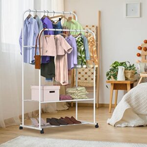 Moclever Clothing Rack with Wheels, Double Rod Garment Rack Rolling Rack for Indoor Bedroom Clothes Rack, Hanging Clothes, Storage Display, White