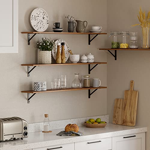 DINZI LVJ Long Wall Shelves, 47.3Inch Wall Mounted Shelves Set of 2, Extra Large Wall Storage Ledges with Sturdy Metal Brackets for Living Room, Bathroom, Bedroom, Kitchen, Rustic Brown