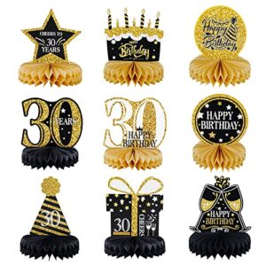 30th Birthday Decorations, Table Honeycomb Centerpiece, 30 Year Old Man and Woman Party Decorations Supplies, Honeycomb Decorations for Man Women, Black and Gold Birthday Ornaments-9 Pieces