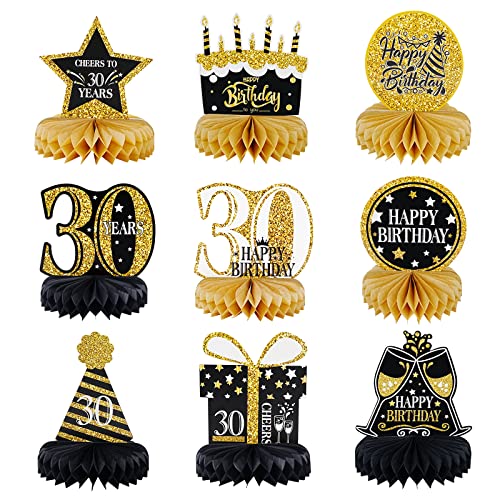 30th Birthday Decorations, Table Honeycomb Centerpiece, 30 Year Old Man and Woman Party Decorations Supplies, Honeycomb Decorations for Man Women, Black and Gold Birthday Ornaments-9 Pieces