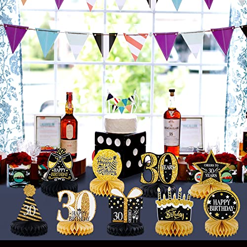 30th Birthday Decorations, Table Honeycomb Centerpiece, 30 Year Old Man and Woman Party Decorations Supplies, Honeycomb Decorations for Man Women, Black and Gold Birthday Ornaments-9 Pieces