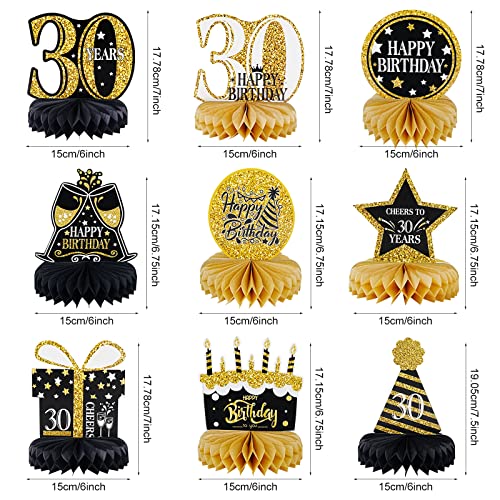 30th Birthday Decorations, Table Honeycomb Centerpiece, 30 Year Old Man and Woman Party Decorations Supplies, Honeycomb Decorations for Man Women, Black and Gold Birthday Ornaments-9 Pieces