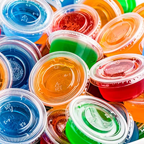 Starz Cupcakes 2 oz - 100 Sets Disposable Plastic Cups with Lids for Gelatin Shots, Condiments &/or Souffle Cups