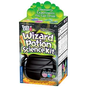 thames & kosmos tasty labs: wizard potion science kit | make 5 delicious magical potions | chemistry experiments safe to drink | includes toy cauldron, wand | study reactions, polymers, density & more
