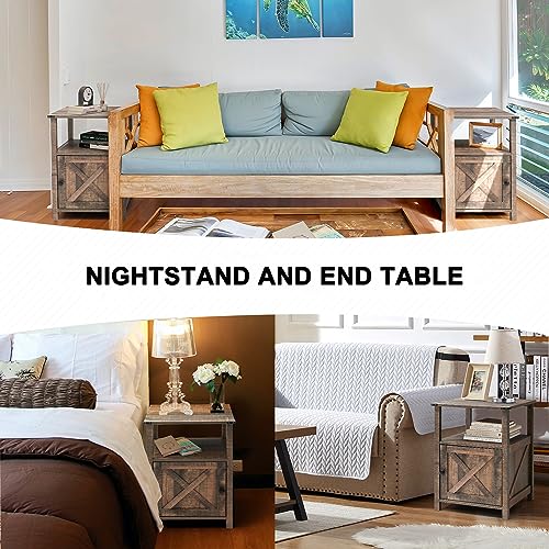JOINHOM Farmhouse Nightstand Bedroom, End Table with Barn Door and Shelf, Wooden Side Table for Living Room, Office, Bedroom