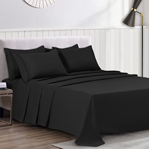 Mejoroom 6Piece Queen Sheet Set - Extra Soft Microfiber 1800 Thread Count Luxury Egyptian Sheets with 16inch Deep Pocket - Wrinkle&Cooling Bed Sheets(Queen, Black Beauty)