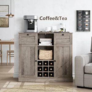 hostack buffet sideboard cabinet, wine bar cabinet with drawers and removable wine rack, coffee bar storage cabinet with shelves for kitchen, dining room, living room, ash grey