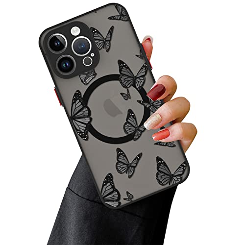 OOK Magnetic for iPhone 14 Pro Max Case [Compatible with MagSafe] Black Butterfly Slim Translucent Matte Case for iPhone 14 pro max Case, Black Butterfly (6.7")