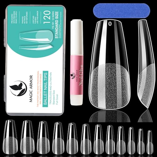 MAGIC ARMOR Coffin Gel Nail Tips - 120pcs Half Matte Long Coffin False Nails Tips Clear Acrylic Nails Coffin Shaped Ballerina Nails Tips Press On Nails Soft Gel Full Cover Coffin Nails Tips with Nail Glue for DIY Nail Extensions,12 size