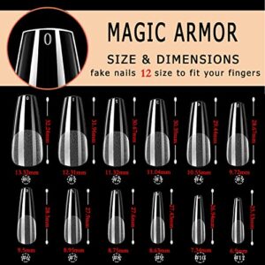 MAGIC ARMOR Coffin Gel Nail Tips - 120pcs Half Matte Long Coffin False Nails Tips Clear Acrylic Nails Coffin Shaped Ballerina Nails Tips Press On Nails Soft Gel Full Cover Coffin Nails Tips with Nail Glue for DIY Nail Extensions,12 size