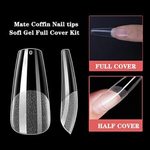 MAGIC ARMOR Coffin Gel Nail Tips - 120pcs Half Matte Long Coffin False Nails Tips Clear Acrylic Nails Coffin Shaped Ballerina Nails Tips Press On Nails Soft Gel Full Cover Coffin Nails Tips with Nail Glue for DIY Nail Extensions,12 size